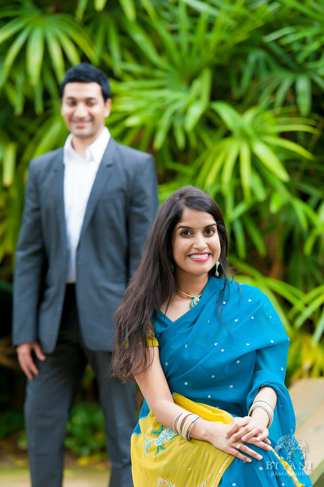 Indian bride to be posing for Indian Engagement Photography at Sunken Gardens in St. Petersburg Florida