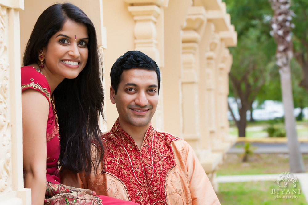 Indian Engagement photos by the pillars at the Hindu Temple of Florida in Tampa, Florida