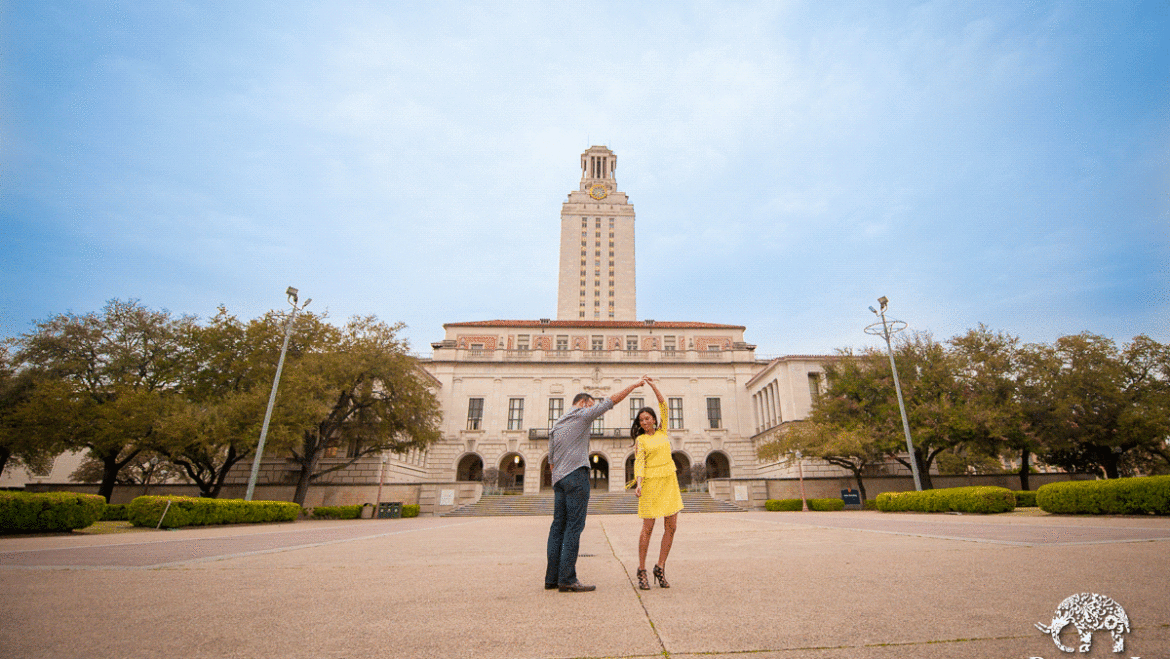 Twirling at their UT Tower Engagement photo shoot – Charanya & Nikhil