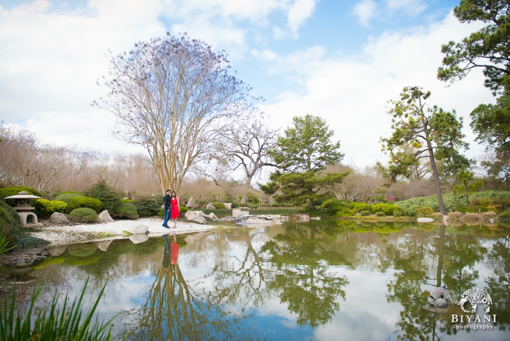 Japanese Garden panoramic reflection shot of engaged couple