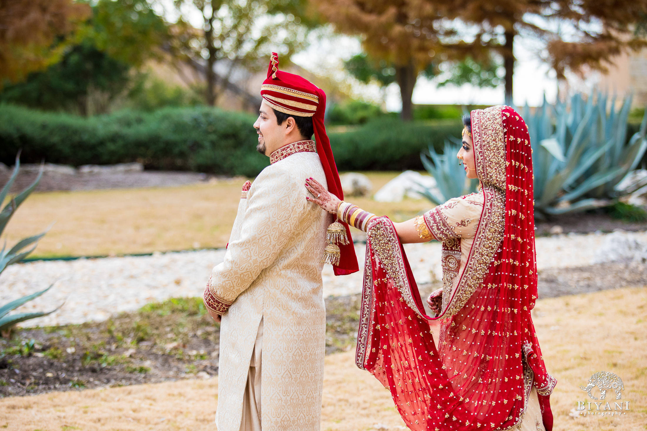 Indian Fusion Bride and Groom first look outdoors in San Antonio, Tx.