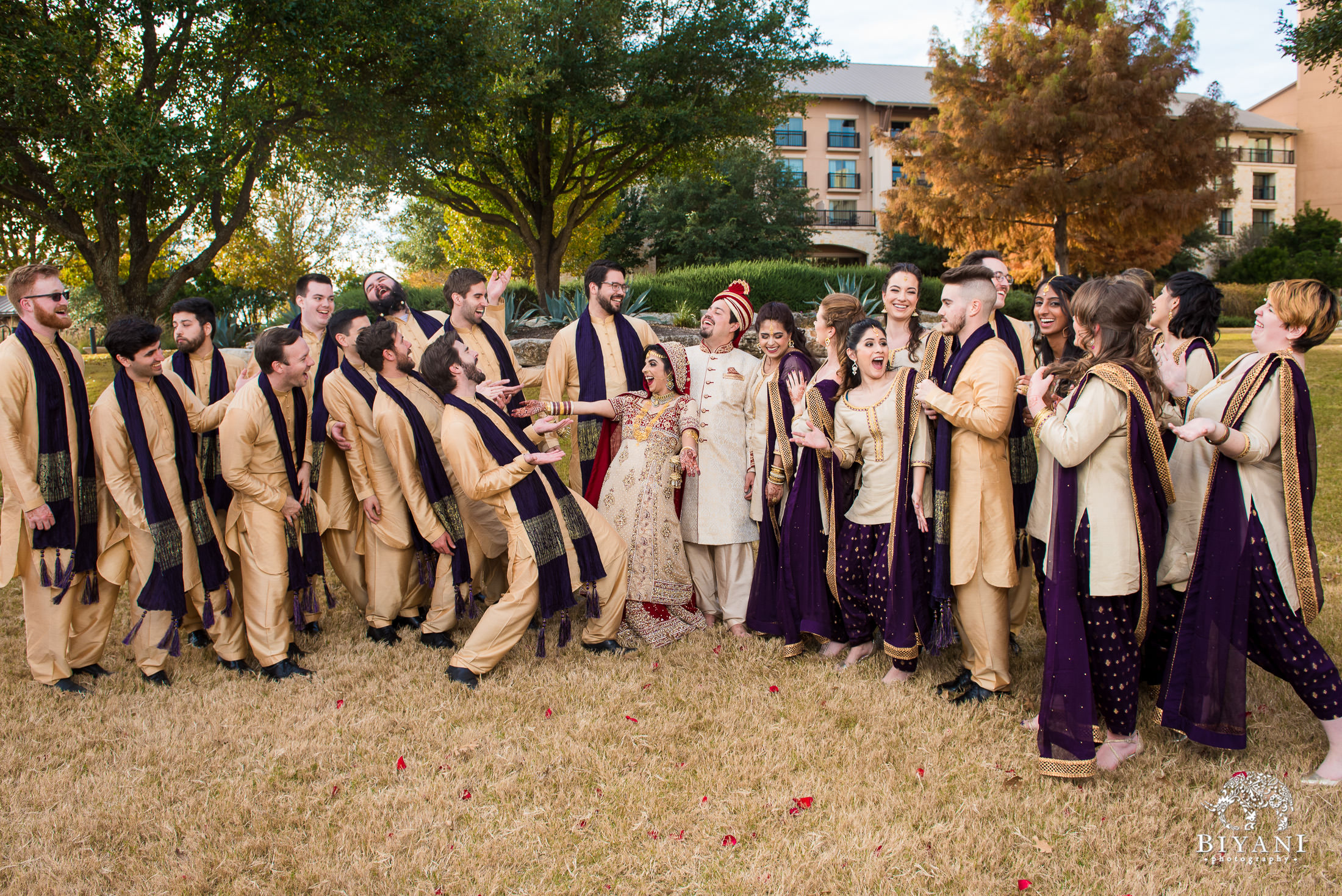 Indian Fusion Wedding Party group photo with bride and groom outdoors