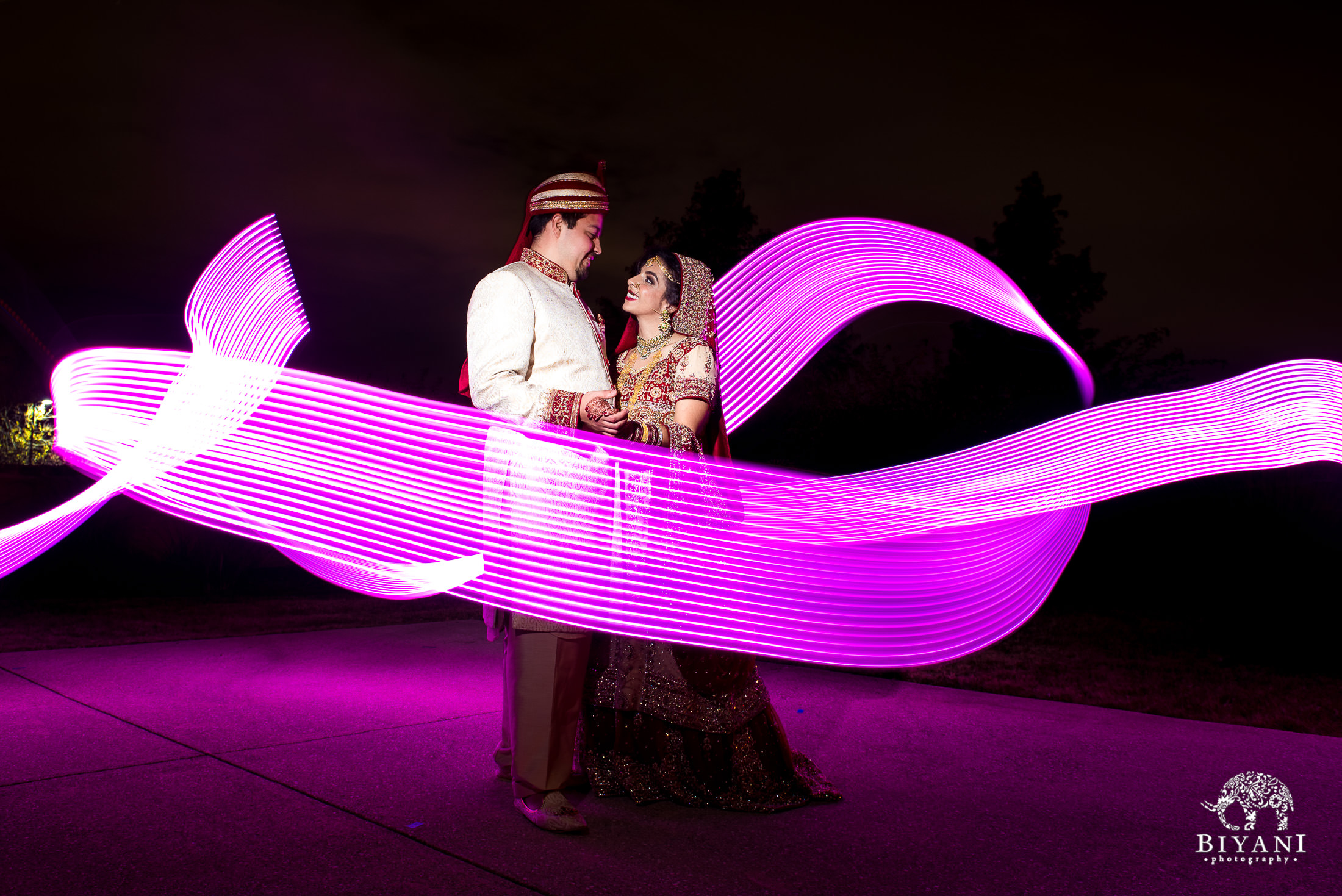 Indian Fusion Bride and Groom Portraits at night with light stick in San Antonio, Tx. 