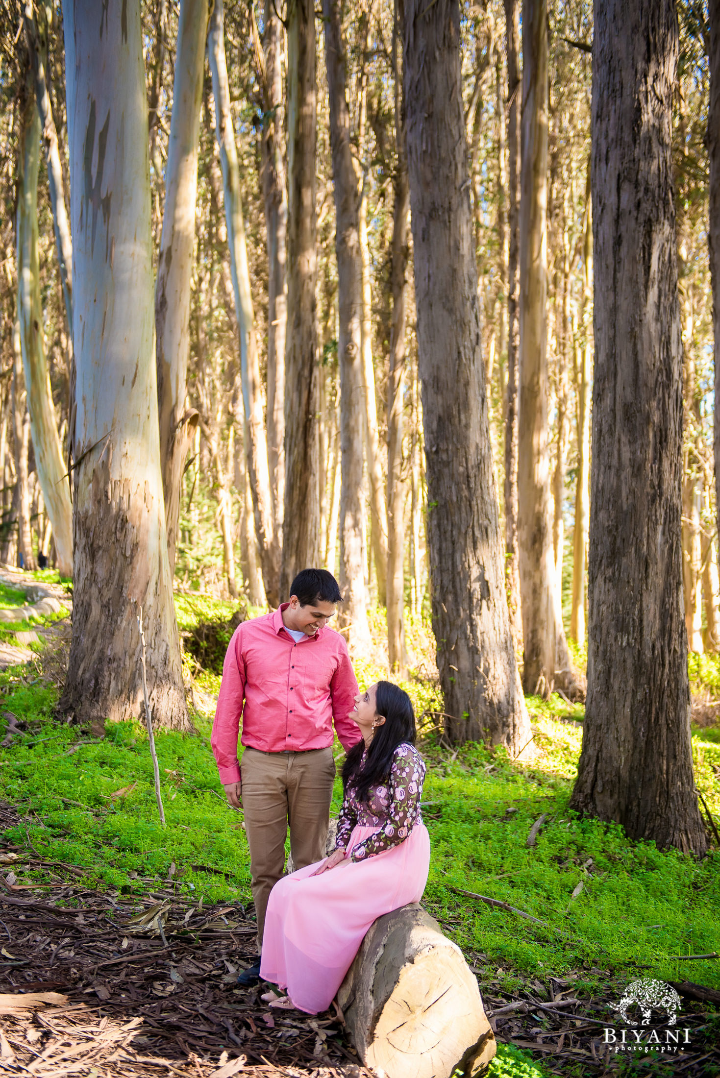 couple in a forest in San Francisco during engagement photo shoot on a sunny day 