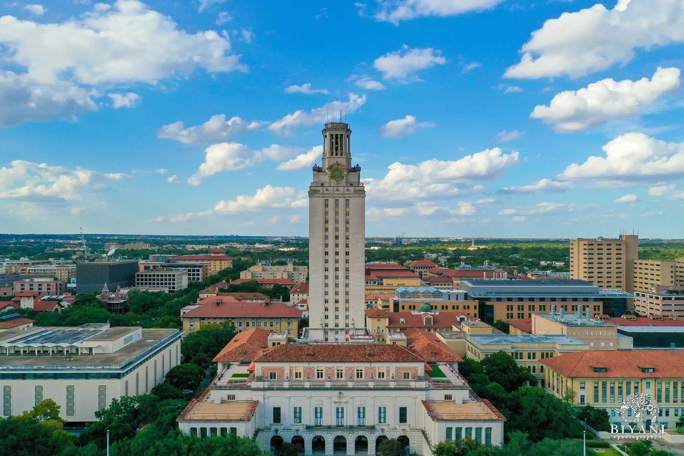 drone photo from the sky of of University of Texas, Austin campus tower